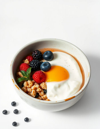 Healthy breakfast with oatmeal, yogurt and berries on white background