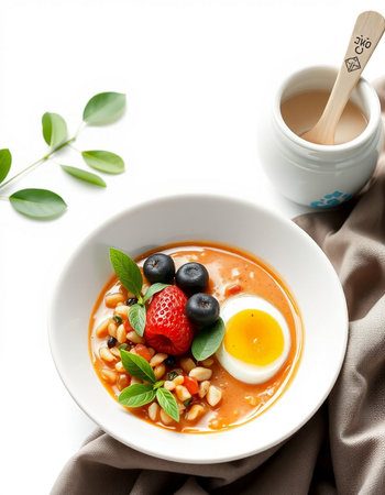 Bowl of tomato soup with beans, berries and egg on white backgroundの写真素材