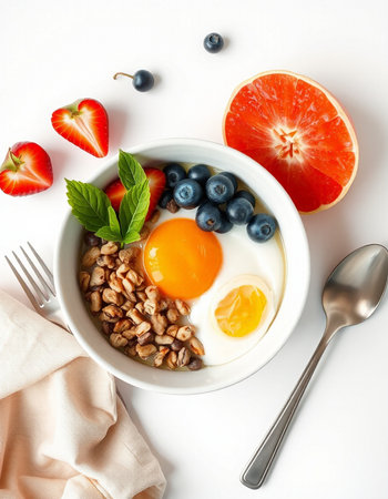 Breakfast with muesli, eggs and berries on white backgroundの写真素材