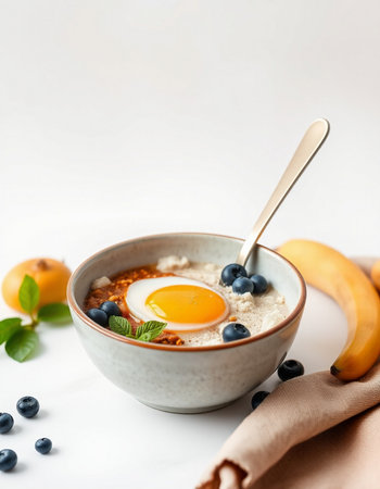 Oatmeal porridge with blueberries and fried egg in a bowl on a white backgroundの写真素材