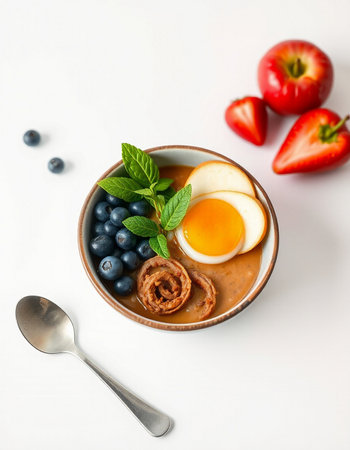 Bowl of oatmeal porridge with blueberries, strawberries on white backgroundの写真素材