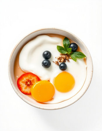 Fried eggs with berries and yogurt in a bowl on a white backgroundの写真素材