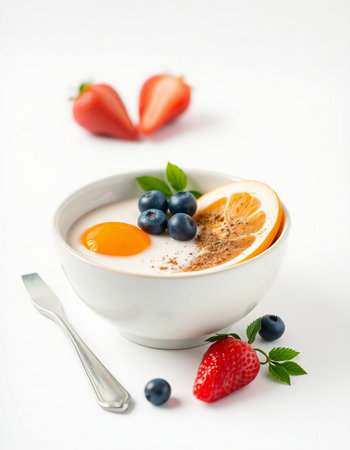 yogurt with fresh berries and orange on a white background.の写真素材