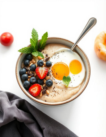 Oatmeal porridge with fresh berries and eggs on a white backgroundの写真素材