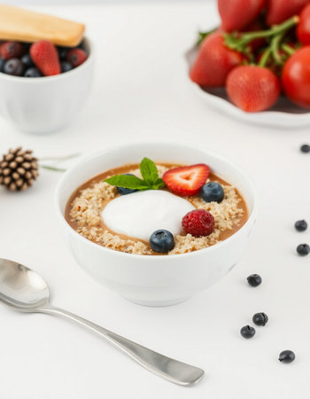 Cereal porridge with berries and whipped cream on white backgroundの写真素材