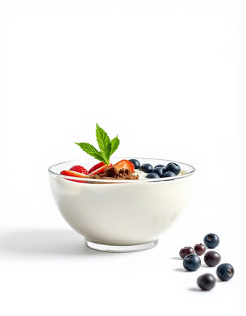 Greek yogurt with fresh berries and mint in a bowl on a white backgroundの写真素材