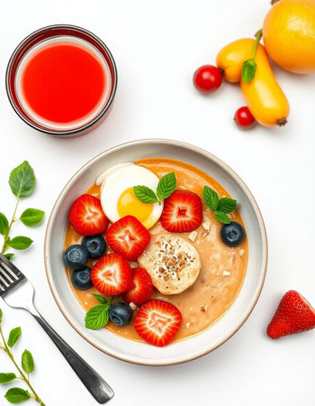 Healthy breakfast bowl with oatmeal porridge, fresh berries and eggs on a white backgroundの写真素材