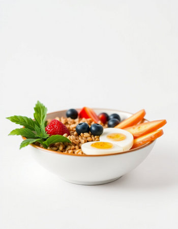 Healthy breakfast with oatmeal, berries and egg on white backgroundの写真素材
