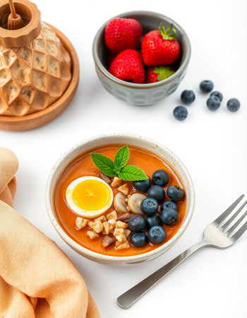 Strawberry and blueberry soup in a bowl on white backgroundの写真素材