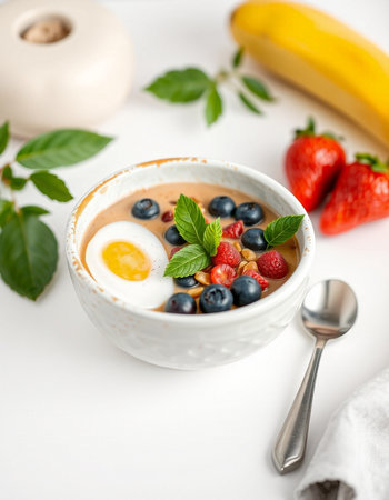 Healthy breakfast bowl with oatmeal, berries and egg on white backgroundの写真素材