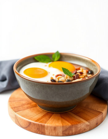 Breakfast with oatmeal, eggs and beans on white background.の写真素材