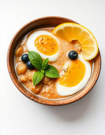 Bowl of soup with chickpeas and egg on white backgroundの写真素材