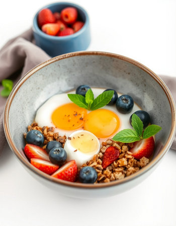 Healthy breakfast - oatmeal with berries and egg in a bowlの写真素材