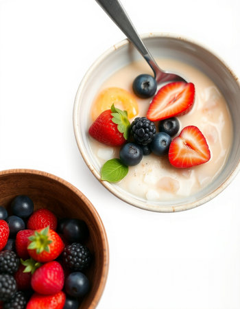 Healthy breakfast with yogurt and berries isolated on a white background.の写真素材