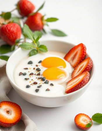 Healthy breakfast with yoghurt, strawberries and egg on white backgroundの写真素材