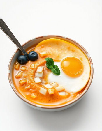 Breakfast bowl with egg, beans and scrambled eggs on white backgroundの写真素材