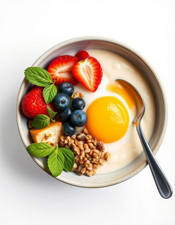 Healthy breakfast with berries, fruits and yogurt on white background