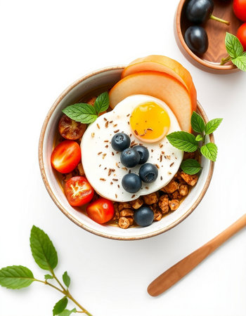 Healthy breakfast bowl with granola, yogurt, egg and fruitsの写真素材