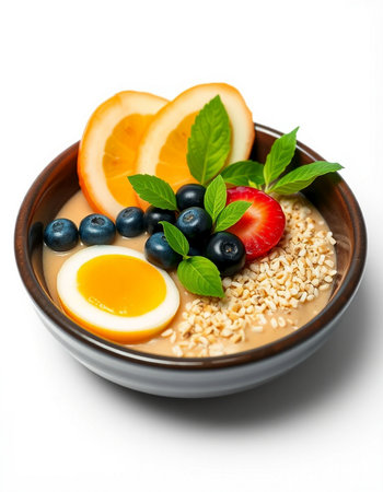 Bowl of oatmeal porridge with berries and eggs isolated on white backgroundの写真素材