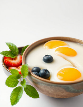 Yogurt with fresh strawberries and blueberries on a white backgroundの写真素材