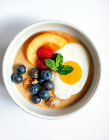 Pudding with berries and egg in a bowl.の写真素材