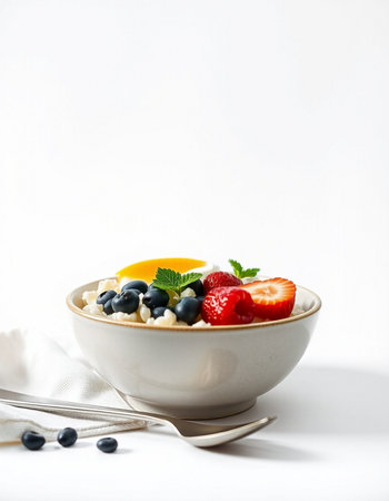 Bowl of oatmeal with fresh berries and mint on white backgroundの写真素材