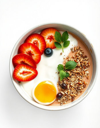 Healthy breakfast bowl with oatmeal, strawberry, blueberry and granola