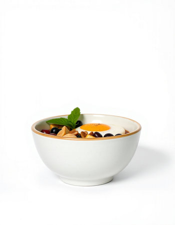 Bowl of food with egg and nuts on white background