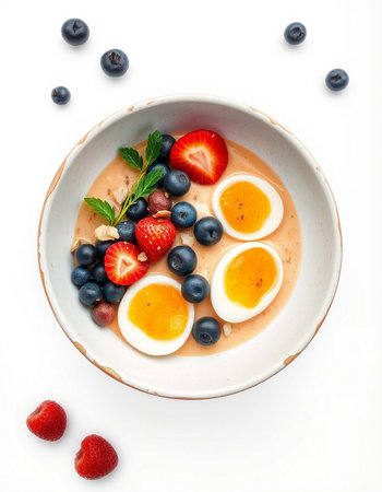 Healthy breakfast bowl with oatmeal porridge, fresh berries and eggs.の写真素材
