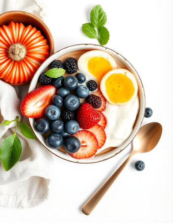 Healthy breakfast bowl with yogurt, fresh berries and eggs on white backgroundの写真素材