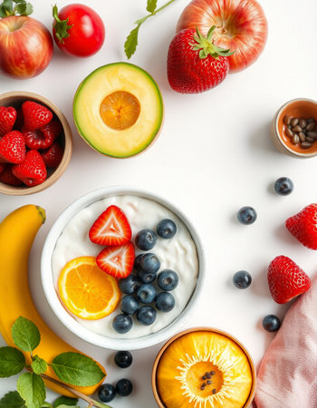 Healthy breakfast with yoghurt, fruits and berries on white backgroundの写真素材