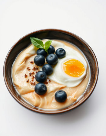 Creamy yogurt with blueberries and egg yolk in a bowlの写真素材