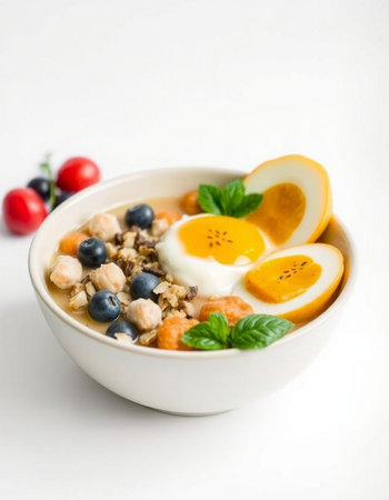 Healthy breakfast bowl with berries and egg on white backgroundの写真素材