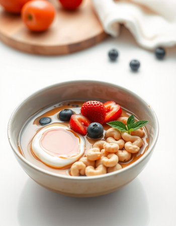 Bowl of breakfast cereal with egg and berries on a white backgroundの写真素材