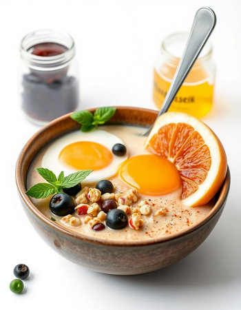 Breakfast bowl with oatmeal, berries, fruits and egg on white background
