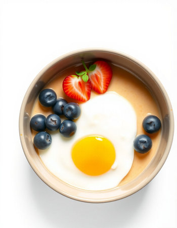 Fried egg in a bowl with blueberries and strawberries on white background