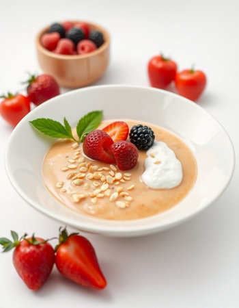 bowl of cream soup with fresh berries on white background, closeup