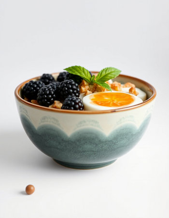Muesli with blackberries and eggs in a bowl on a white background