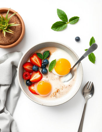 Healthy breakfast with omelette, strawberries, blueberries and mint on white background