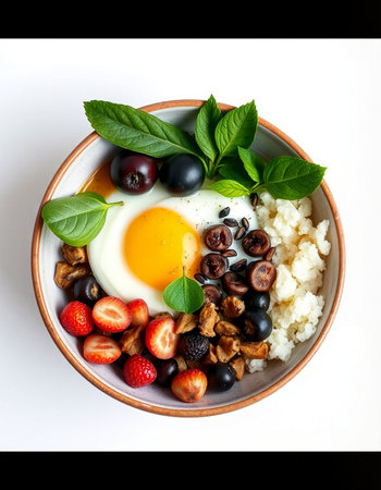 Healthy breakfast with fried egg, oatmeal, berries and nuts