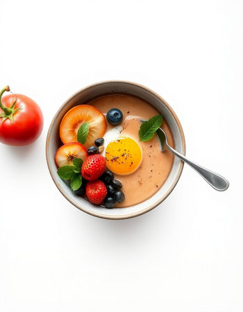 Healthy breakfast bowl with oatmeal, berries and egg on white backgroundの写真素材