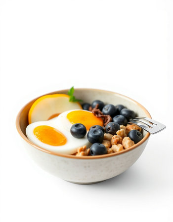 Healthy breakfast with oatmeal, blueberries and eggs on white background