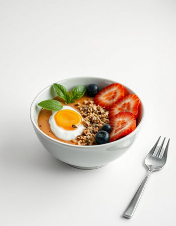 Healthy breakfast bowl with oatmeal, strawberries, blueberries and egg