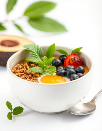 Greek yogurt with granola, fresh berries on white background