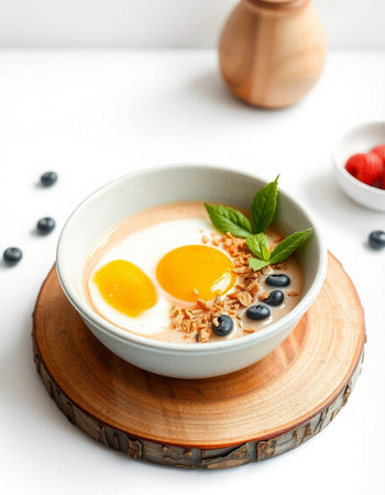 Healthy breakfast with oatmeal, blueberries and yogurt on white background