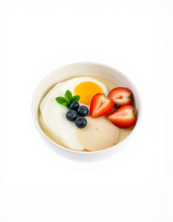 Yogurt with strawberry and blueberry on white background.の写真素材