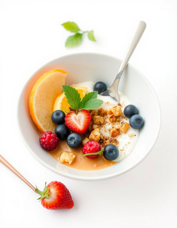 Yogurt with fresh berries and granola on a white background