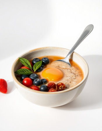 Oatmeal porridge with berries and egg in a bowl on a white background