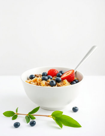 Healthy breakfast with muesli and fresh berries on white backgroundの写真素材