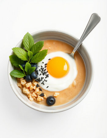 Oatmeal porridge with egg and blueberries in a bowl on white backgroundの写真素材
